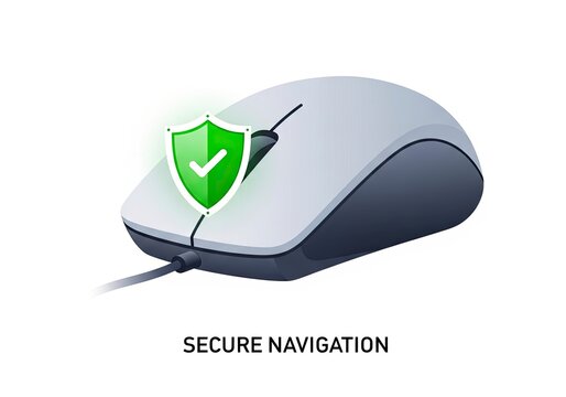 Gray computer mouse with green security shield icon and checkmark on white background