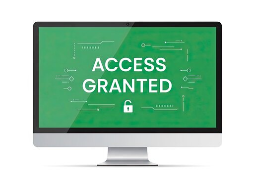 Silver desktop computer monitor displaying green screen with white access granted text