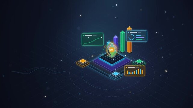 Futuristic digital data analysis platform with holographic charts and glowing analytics metrics