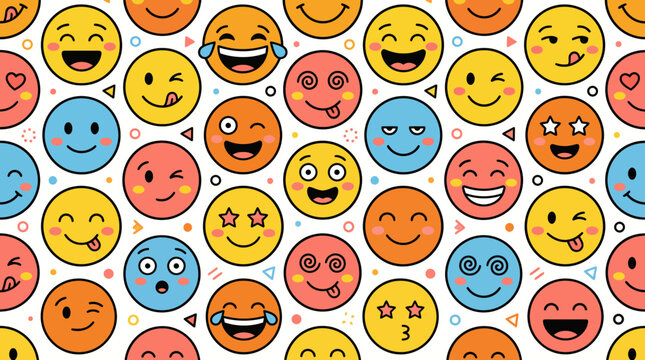 Smiley Face Vector Pattern, Playful Emoji Expressions and Colorful Happy Character Seamless Design