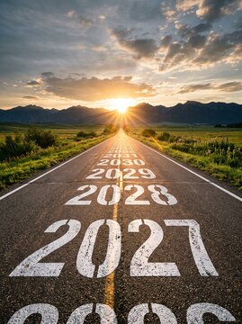 Road to 2027 future years on asphalt highway at sunset conceptual background