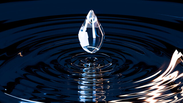 Water droplet suspended above surface creating ripples and reflections