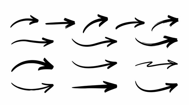 set collection black arrows hand drawn in many variation vector  