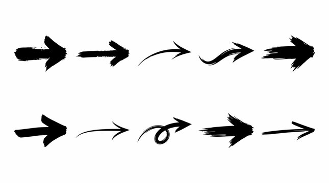 set collection black arrows hand drawn in many variation vector  