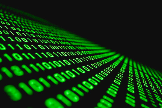 Glowing green binary code forms a streaming digital data display, representing modern information technology.