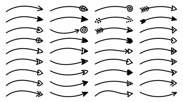 set collection black arrows hand drawn in many variation vector  