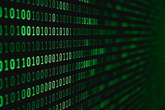 Glowing green binary digits arranged in a dense digital matrix, representing digital data and information technology.