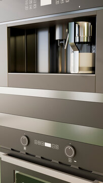 Built-in coffee machine with control knobs and digital display panel