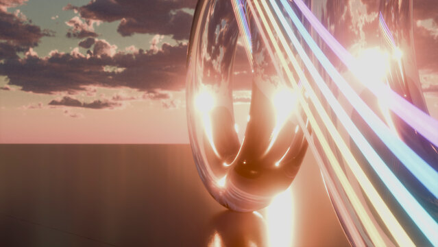 Abstract reflective sculpture with glowing light trails at sunset