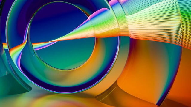 Colorful abstract digital illustration with swirling rings and ribbons