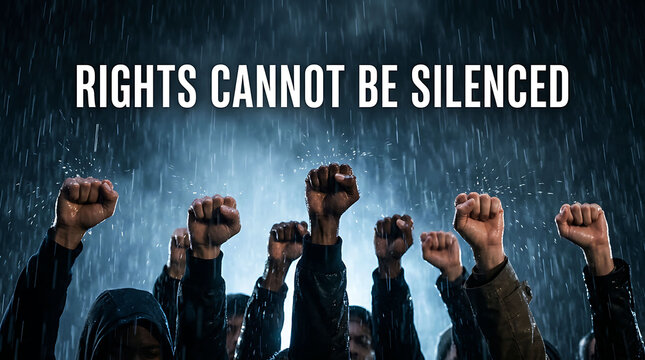 A crowd of diverse people raising fists together in the rain with bold text overlay conveying strength