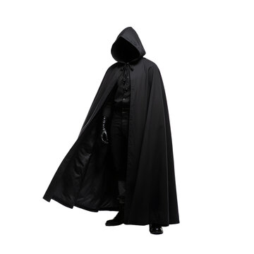 A dark hooded cloak drapes over a person's shoulders against a white background.