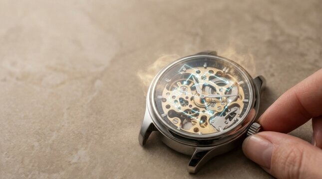 AI Explainability and Transparency, Visualized as a Hand Adjusts a Skeleton Mechanical Watch with Luminous Lines over Its Visible Gears