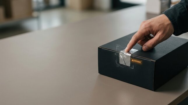 E-commerce return fraud detection concept as a hand inspects a damaged package seal beneath a digital-style grid overlay