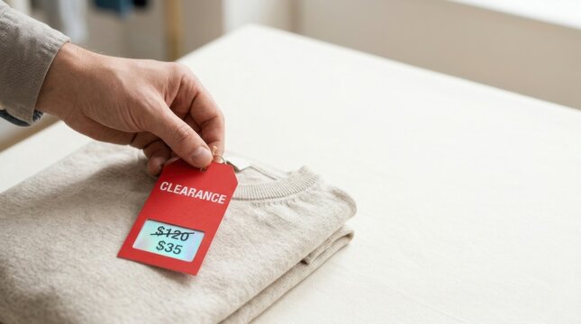 Clearance sale markdown as a hand attaches a red price tag to a folded sweater, showing a reduced price