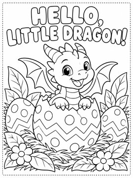 Cute cartoon dragon. black and white illustration for coloring book, dragon coloring pages