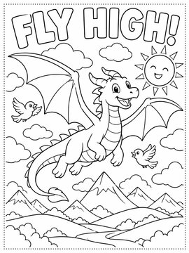Cute cartoon dragon. black and white illustration for coloring book, dragon coloring pages