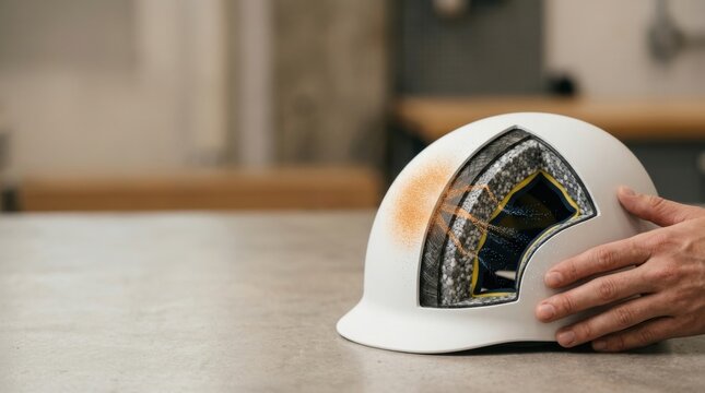 Financial risk diversification visualized through a protective helmet cutaway revealing layered cushioning and a textured foam core