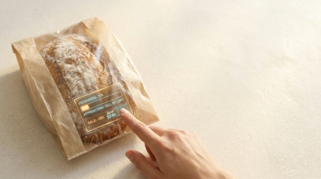 Food retail inventory management uses a freshness label to show a packaged loaf approaching its sell-by limit and a discounted price
