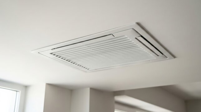 A modern white ceiling air conditioner vent is seamlessly installed in a contemporary room, depicting an advanced smart thermostat system for climate control, underscoring the ceiling vent