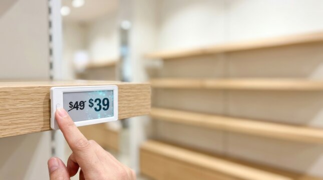 Retail markdown pricing as a hand updates an electronic shelf label from $49 to $39 on a store shelf