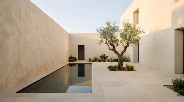 Minimalist courtyard with olive tree and rectangular pool in sunny Mediterranean villa
