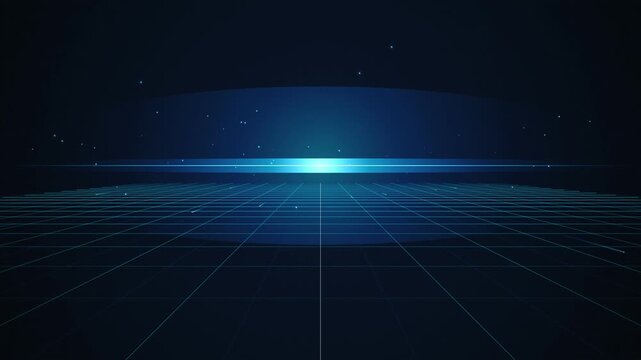 Abstract blue digital landscape with futuristic perspective grid and glowing light horizon for technology background