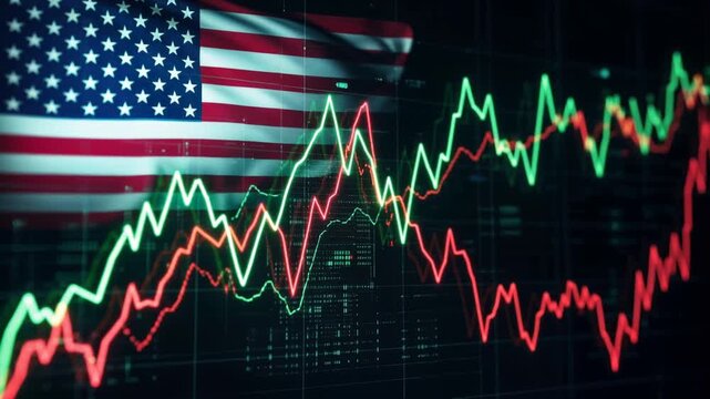 Financial stock market chart featuring rising and falling graph lines superimposed over the United States national flag, representing economic trends, investment opportunities, and market performance