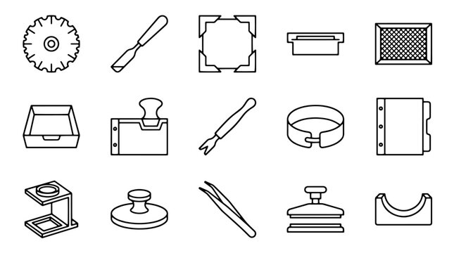 Philately tools icon set, 15 stamp collecting equipment line art elements, professional hobby accessories for philatelists, minimalist outline icons