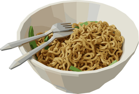 Low poly bowl of noodles with fork and spoon