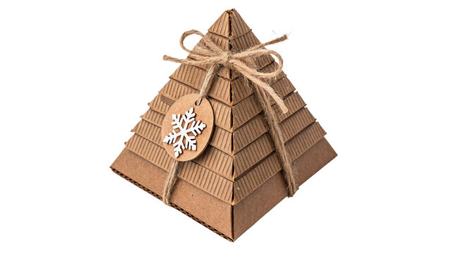 Pyramid shaped brown kraft cardboard gift box tied with natural string bow isolated on transparent background.