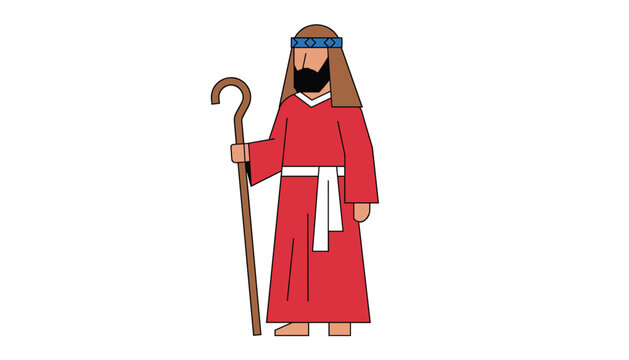 Cartoon character illustration of a biblical prophet or shepherd wearing a red robe and holding a wooden staff.