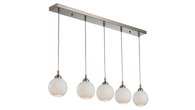 Modern minimalist five light glass globe hanging ceiling pendant fixture track isolated on transparent background.