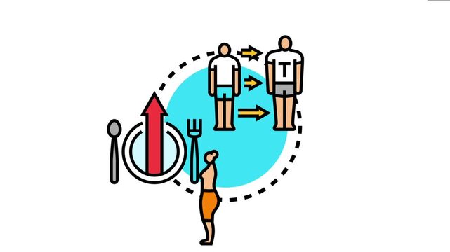 Icon set illustrates a person's bodyweight transformation through a progressive decrease, emphasizing healthy eating habits, fitness goals, and a balanced diet