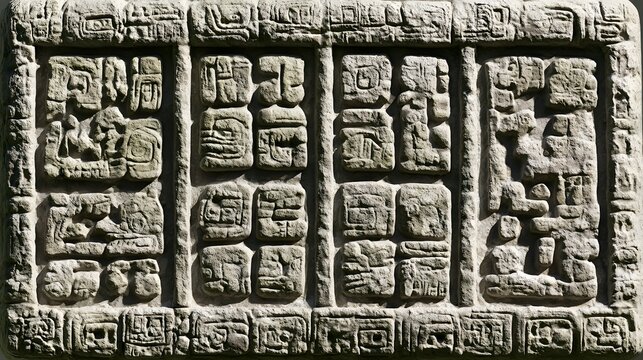 Ancient Mayan stone relief carving with glyphs and figures