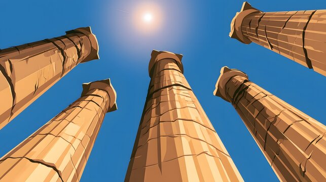 Ancient stone columns reaching toward sun in blue sky