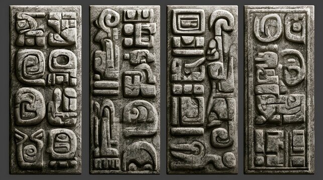 Four panels of ancient Mayan stone relief carvings with glyphs