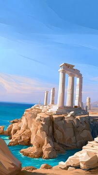 Ancient Greek ruins on a rocky cliff by the turquoise sea