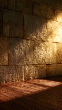 Stone wall and wooden floor with golden sunlight shadows