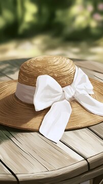 Straw sun hat with white ribbon bow on weathered wooden table