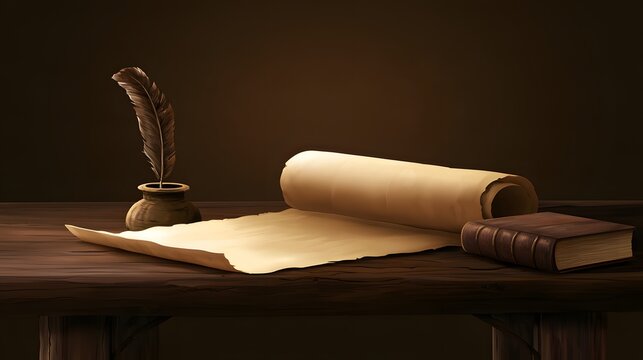 Open parchment scroll with quill pen and book on wood table