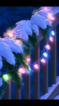 Glowing holiday lights on snow covered evergreen branches