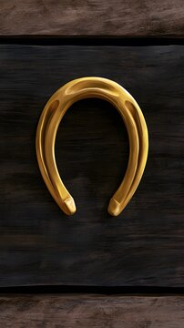 Golden horseshoe on dark weathered wood surface