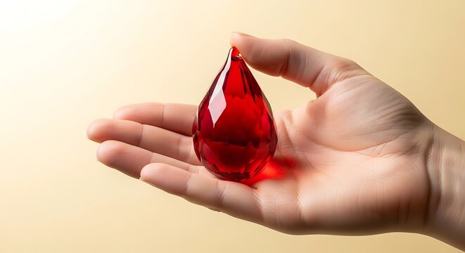 hand holding a symbolic red drop shaped glass