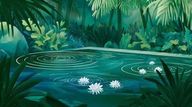 Tropical hot spring pool with white lilies in a jungle forest