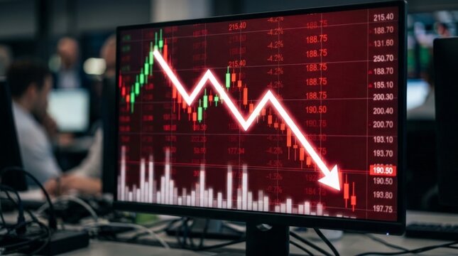 A close up photograph shows a computer monitor displaying red stock charts and a downward arrow, highlighting trading money loss in a dimly lit office environment