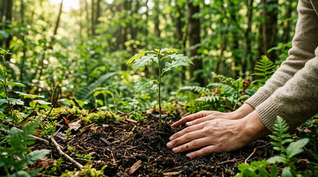 Hands planting a young oak sapling in a lush forest, growth, nature, eco-friendly