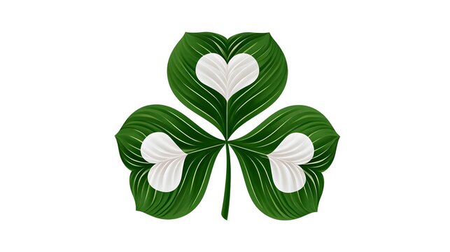Green three leaf clover with white heart patterns on white background