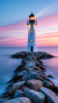 A serene lighthouse stands tall on a rocky pier, glowing warmly against a vibrant pink and blue sunset over calm ocean waters.
