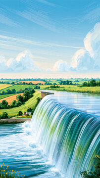 A scenic waterfall cascades into a river surrounded by green fields and trees under a vibrant blue sky with fluffy clouds.